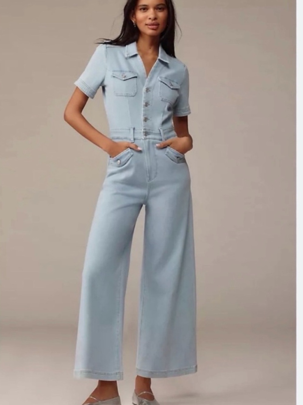 Paige Light Wash Denim Jumpsuit - Wide Leg, Short Sleeve